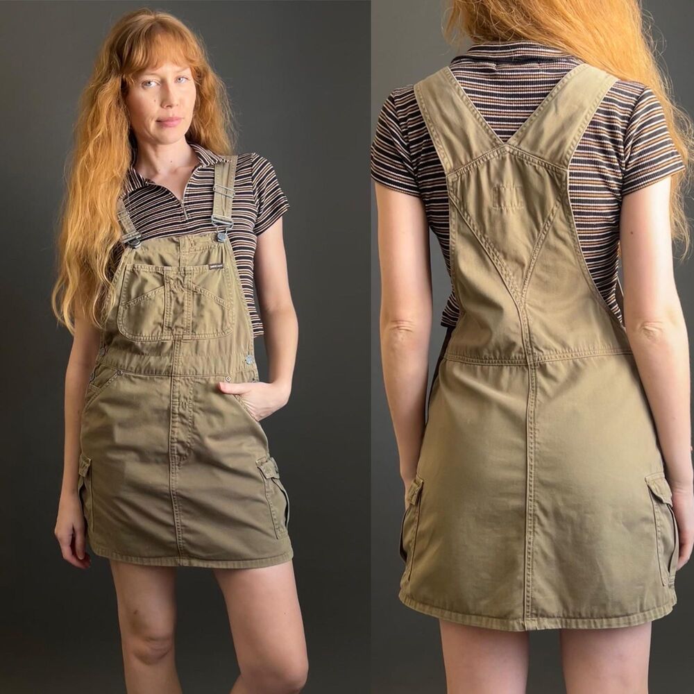 Vintage 90s Y2k Army Green Overall Mini Dress, Small